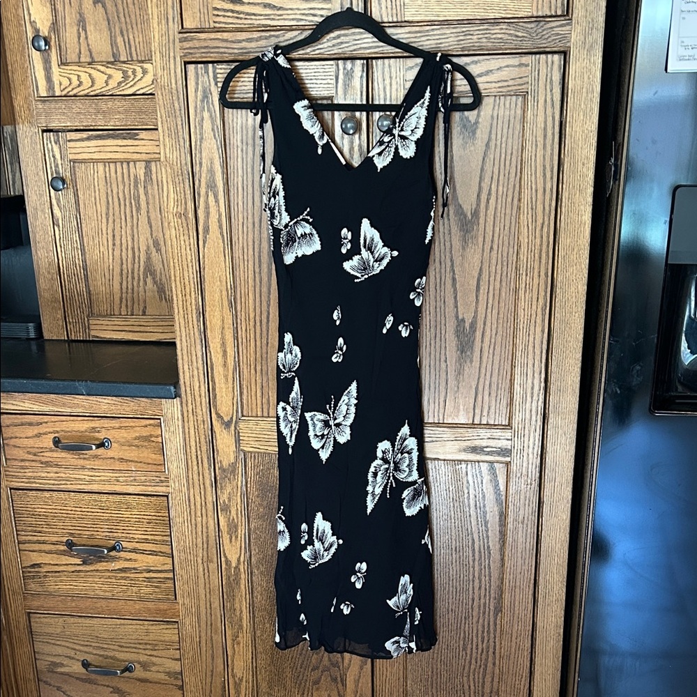 Vtg y2k 90s dainty beaded fairy Whimsigoth Black‎ White butterfly midi Dress S